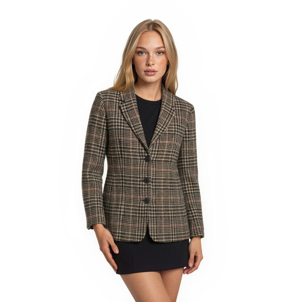Talbots Blazer Women's Size 4 Black White Pink Glen Plaid 100% Wool Jacket Lined
